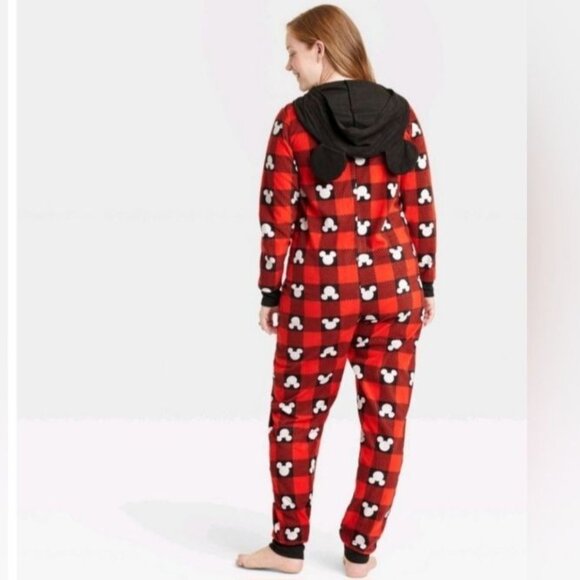NEW Disney 100 Mickey Hooded Adult Zippered Onsie, Red‎ & Black Checkered Size S - Picture 2 of 9